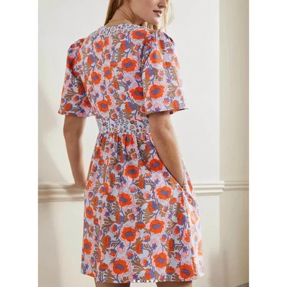 New Boden Size 6R V-Neck Contrast Detail Dress Dusty Blue, Terrace Bud Summer - Picture 2 of 15